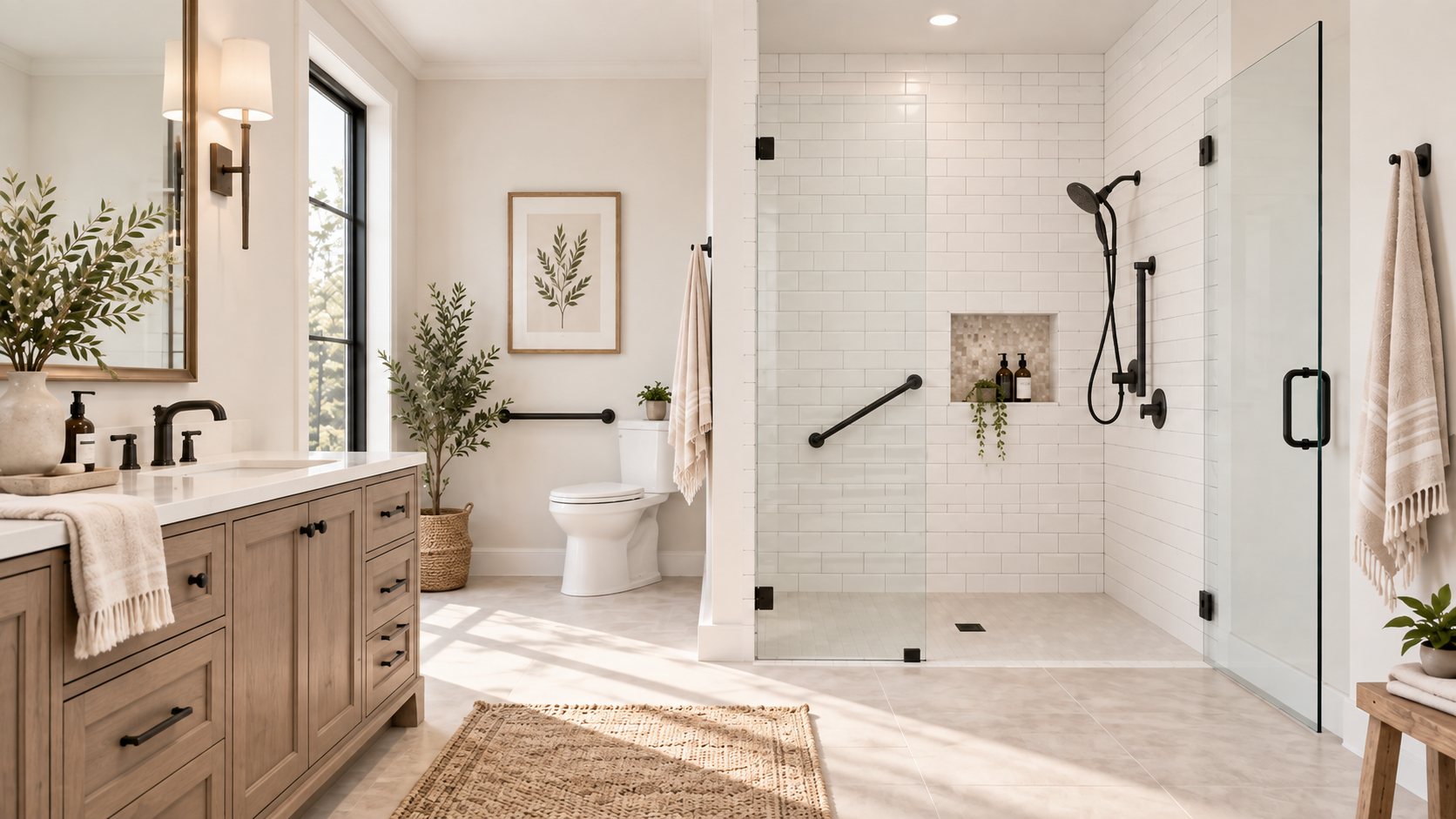 Bright bathroom with a curbless walk-in shower, grab bars in the shower and beside the toilet, and a handheld shower head